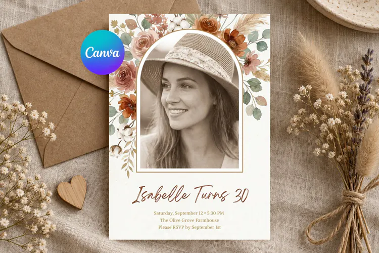 Fall Floral Photo Birthday Invitation Canva Template
