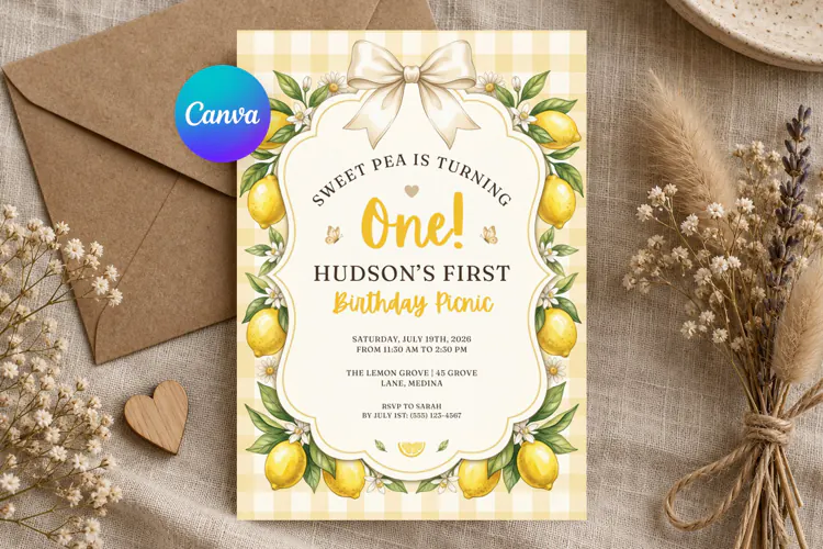 Lemon Gingham Canva Invitation Template, Printable Card