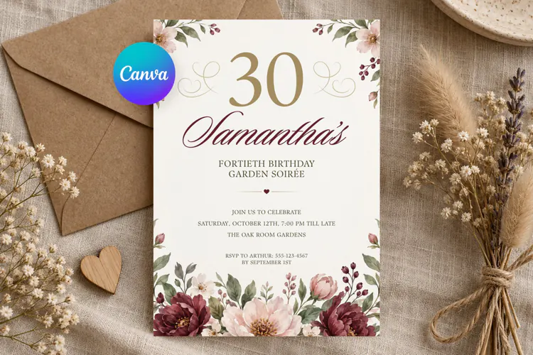 Burgundy Peony Floral Birthday Invitation Canva Template