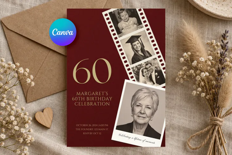 60th Birthday Invitation Template, Burgundy Gold Photo