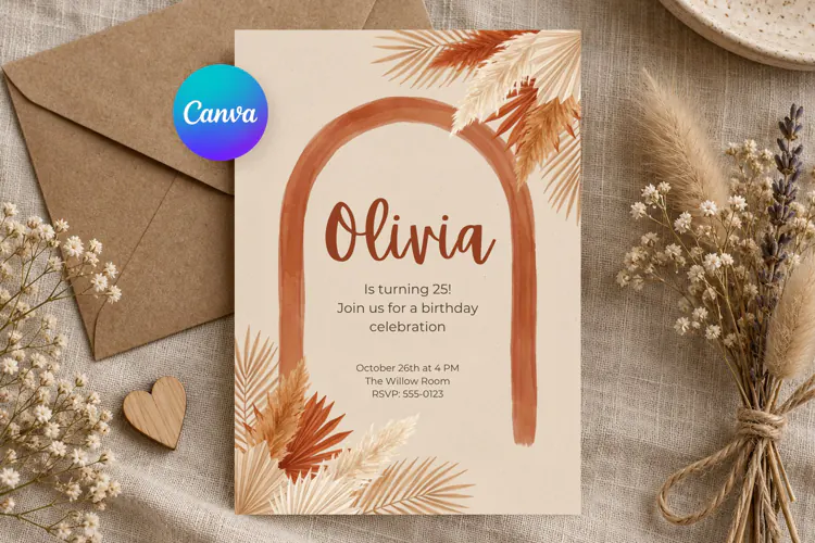 Boho Birthday Invitation Template, Editable Canva