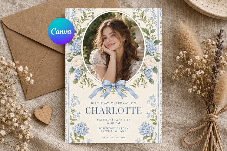 Birthday Invitation Canva Template, Elegant Floral Photo example image 1