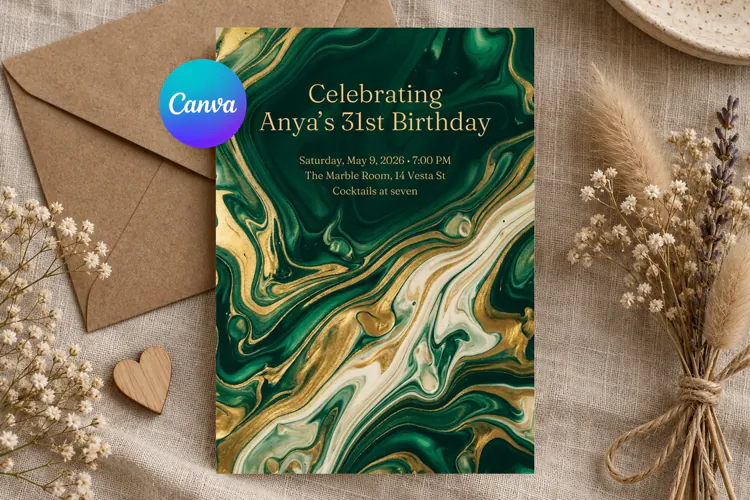 Green Gold Marble Birthday Invitation Canva Template