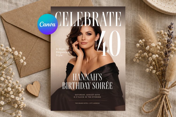 Magazine Cover Birthday Invitation Template, Editable Canva example image 1
