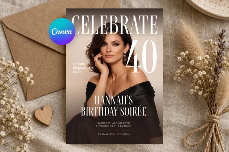 Magazine Cover Birthday Invitation Template, Editable Canva