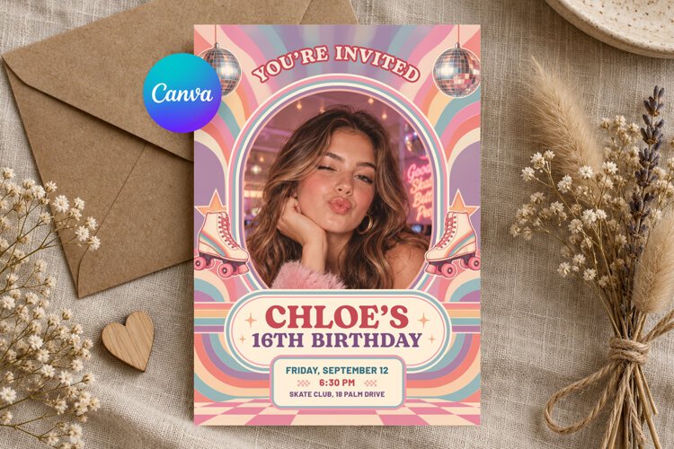 Roller Skating Birthday Invitation Canva Template example image 1