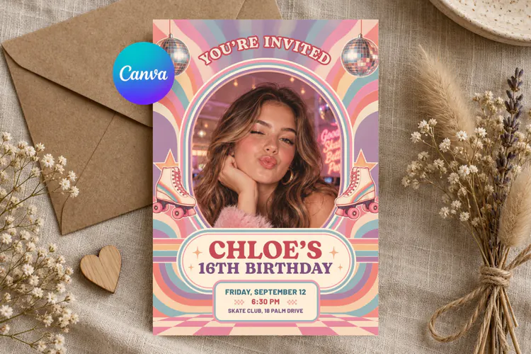 Roller Skating Birthday Invitation Canva Template