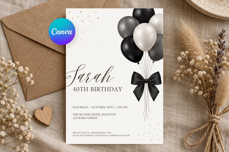 Black and Gold Birthday Invitation Template, Editable Canva example image 1
