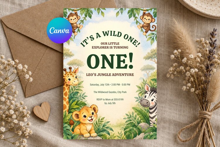 Wild One Jungle Birthday Invitation Template, Editable Canva example image 1
