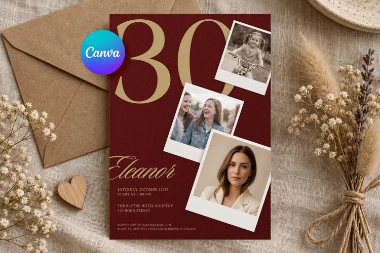 Birthday Invitation Template Editable Canva, Photo Collage example image 1