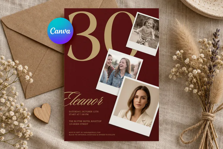 Birthday Invitation Template Editable Canva, Photo Collage