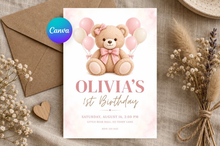 Blush Pink Teddy Bear Birthday Invitation Canva Template example image 1
