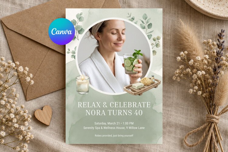 Spa Birthday Invitation Canva Template example image 1