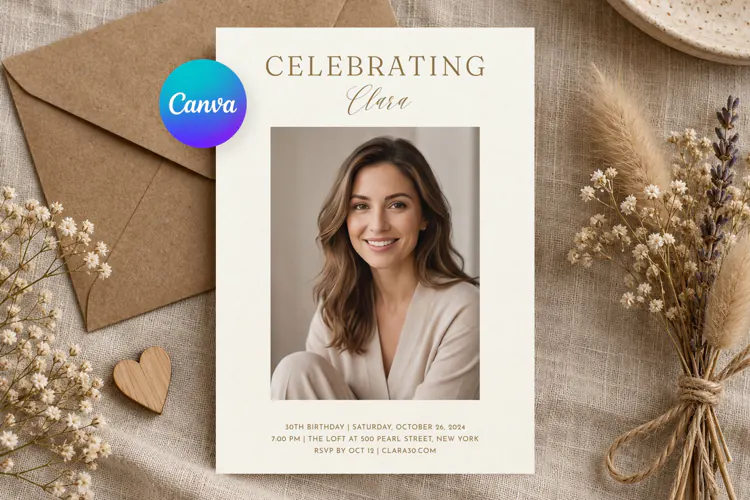 30th Birthday Invitation Photo Template, Editable Canva