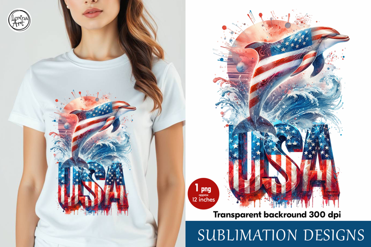 4th of July Dolphin sublimation print design PNG