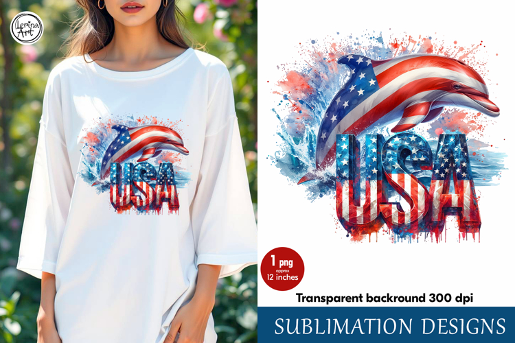 4th of July Dolphin sublimation print design PNG