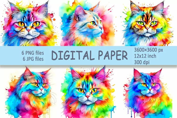 Rainbow cat | Watercolor cat digital paper| Persian cat