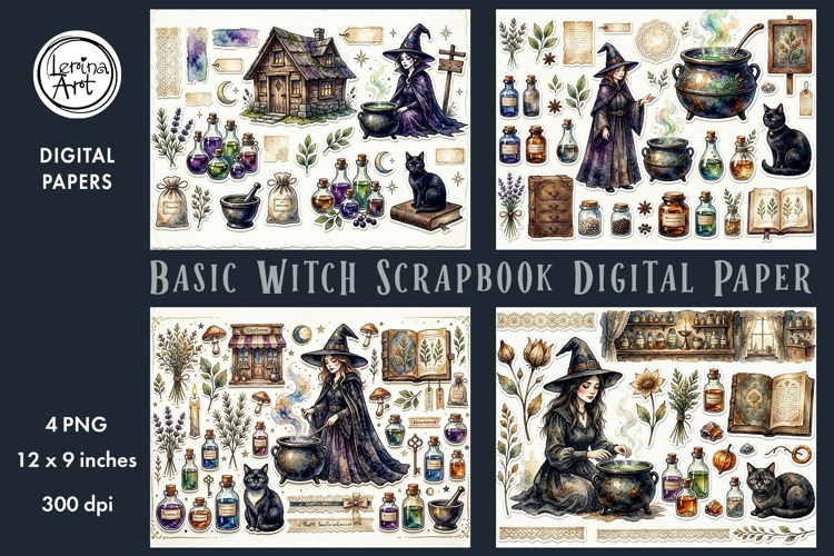 Basic Witch digital papers. Junk Journal page. Scrapbook