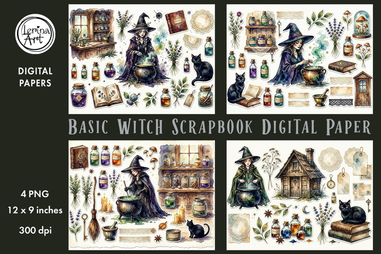 Basic Witch digital papers. Junk Journal page. Scrapbook