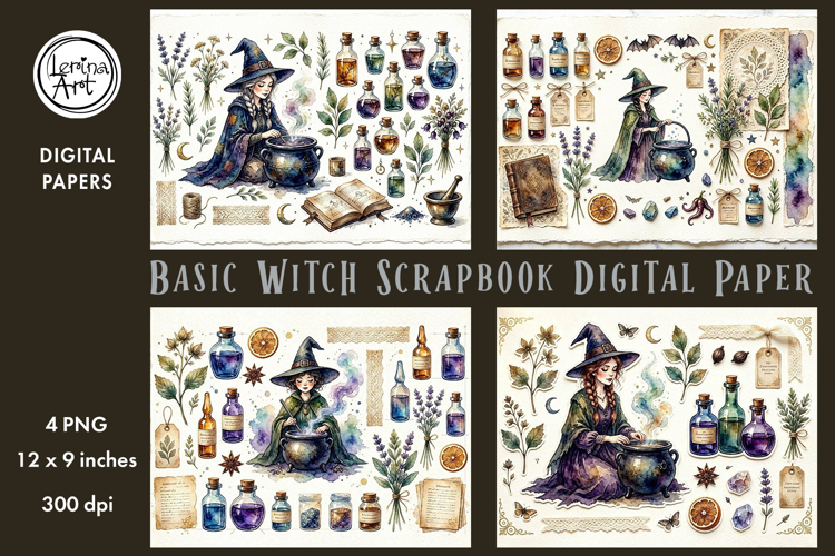 Basic Witch digital papers. Junk Journal page. Scrapbook