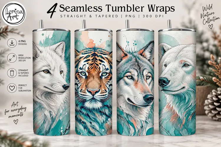 Wildlife Tumbler Wrap| Fox Tiger Wolf Polar Bear PNG