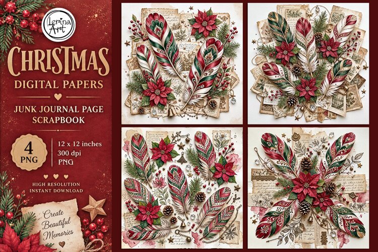 Christmas digital papers. Junk Journal page. Scrapbook