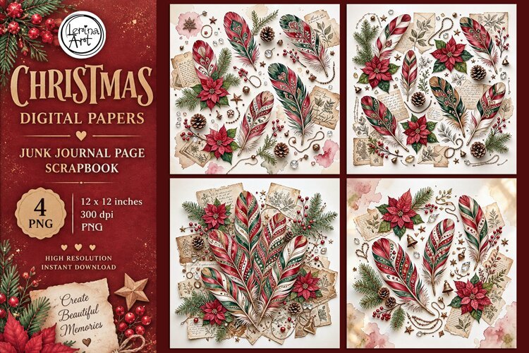 Christmas digital papers. Junk Journal page. Scrapbook