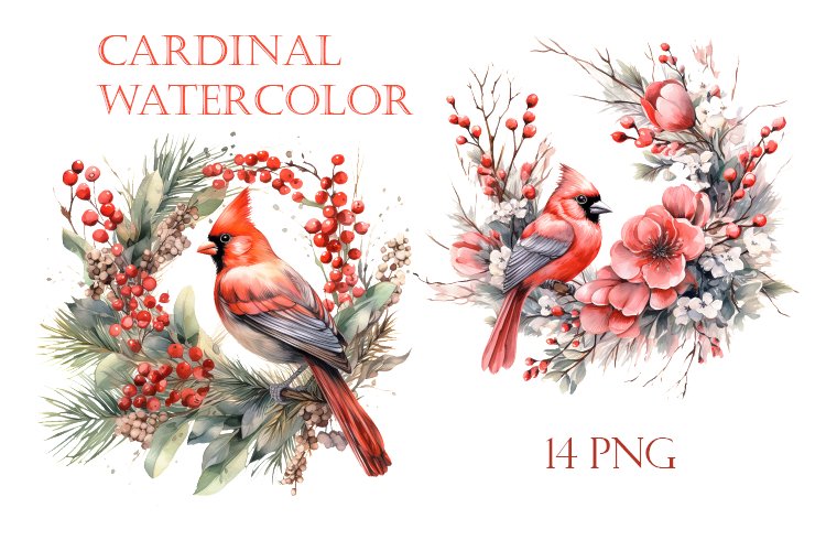Winter cardinal, watercolor bird, cardinal clipart example image 1