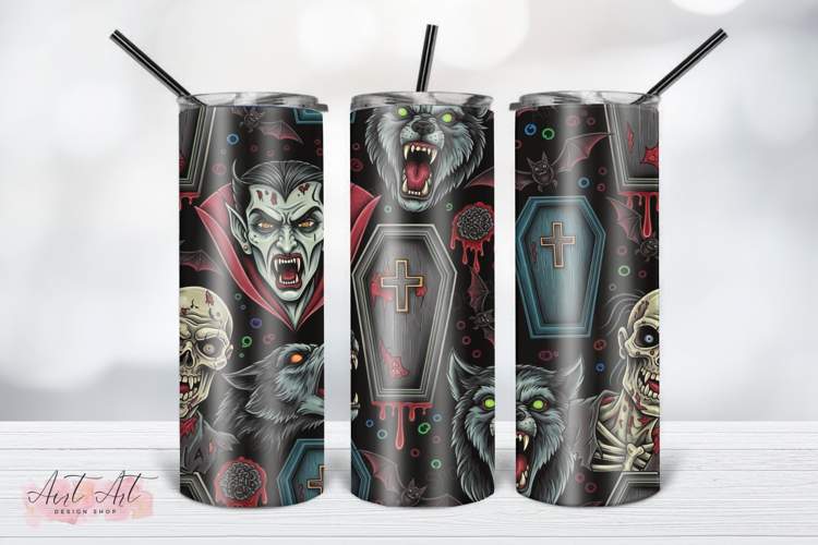 Retro Horror Monsters Tumbler Wrap PNG