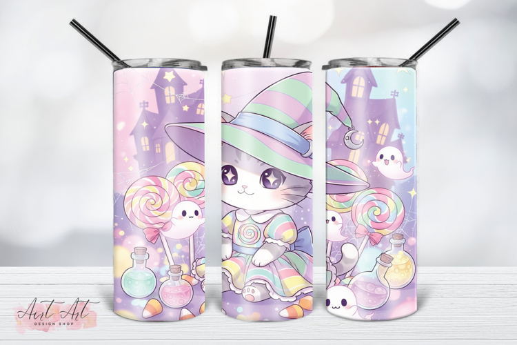 Kawaii Witch Cat Tumbler Wrap PNG