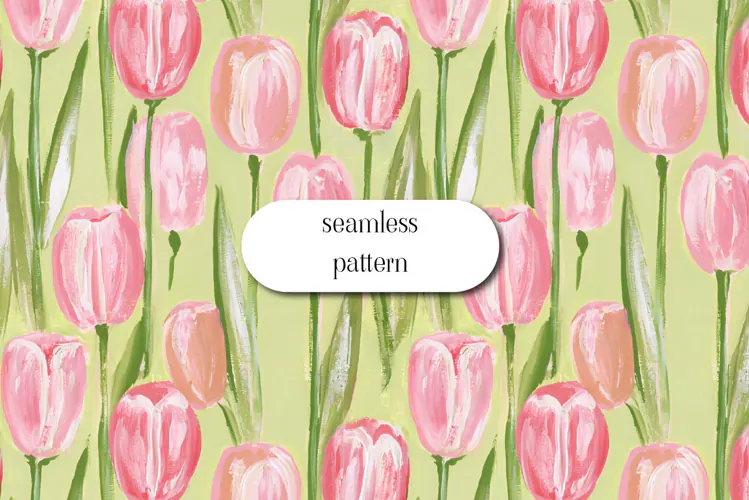 Pink Tulip Pattern on Soft Lime Green