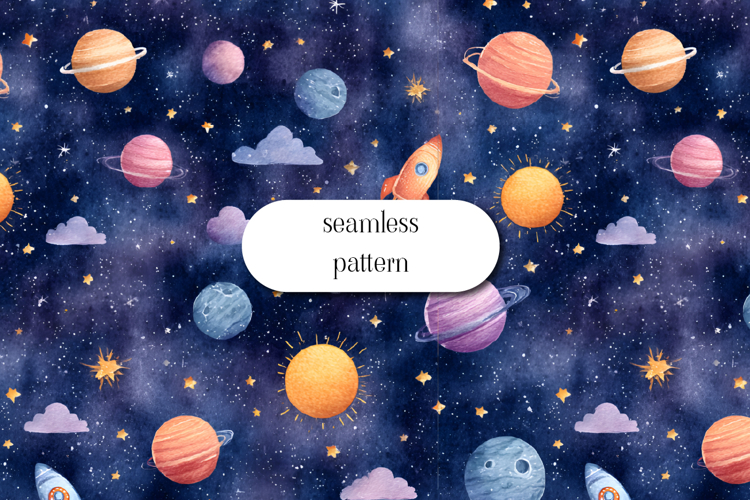 Watercolor Space Seamless Pattern Rocket Planets Stars