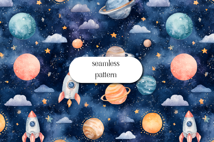 Watercolor Space Seamless Pattern Rocket Planets Stars
