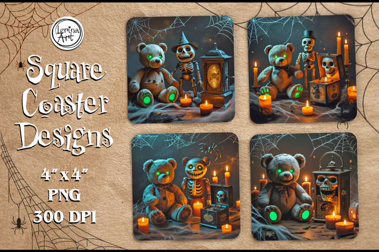 Teddy Bear Halloween Coaster Design, 4 PNG