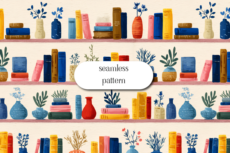 Cozy Bookshelf Seamless Pattern with Plants and Books