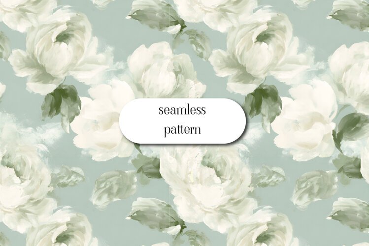 White Peony Pattern on Sage Blue Background example image 1