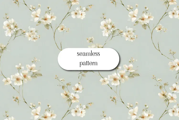White Blossom Pattern on Sage Green