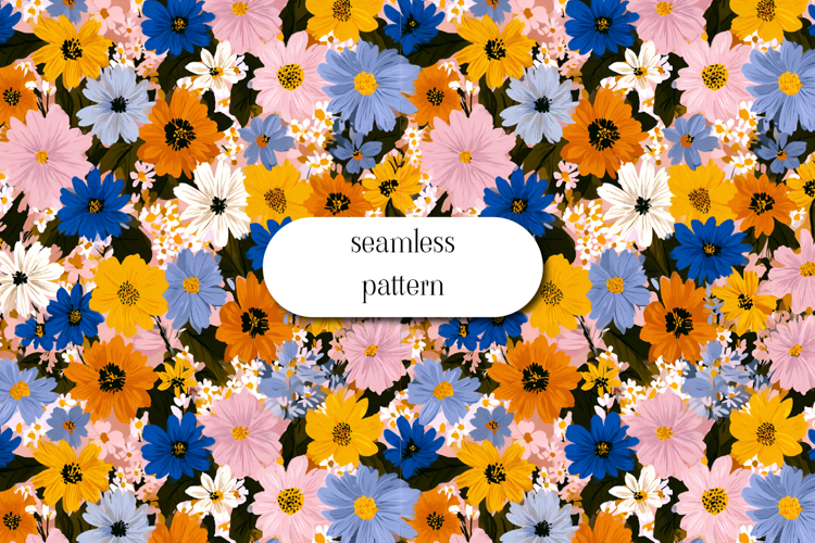 Colorful Retro Floral Seamless Pattern Daisy Meadow Art