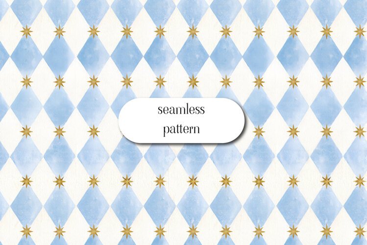 Blue Harlequin Diamond Pattern with Gold Stars example image 1