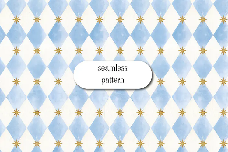 Blue Harlequin Diamond Pattern with Gold Stars