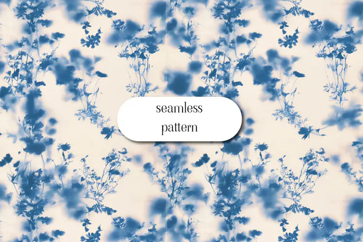 Blue Wildflower Silhouette Pattern on Cream