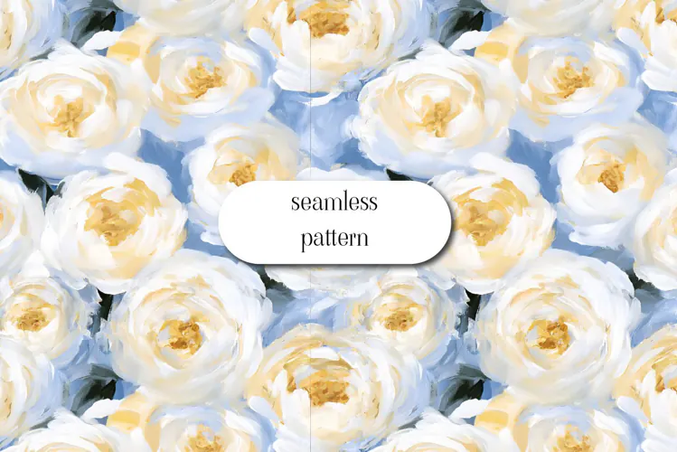 White Peony Floral Pattern on Dusty Blue