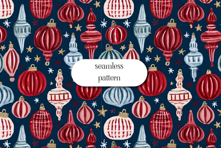 Vintage Christmas Ornaments Seamless Pattern on Navy example image 1
