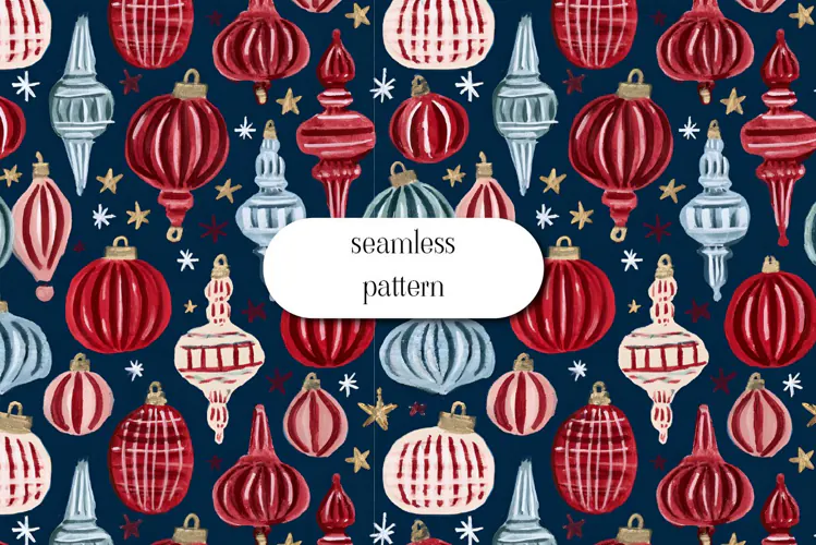 Vintage Christmas Ornaments Seamless Pattern on Navy
