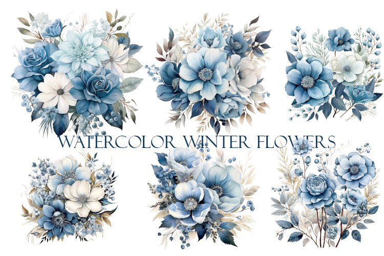 Winter flowers , watercolor flowers and leaves, clipart, sub