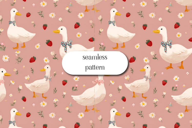 Cute Duck Strawberry Seamless Pattern Floral Meadow Art