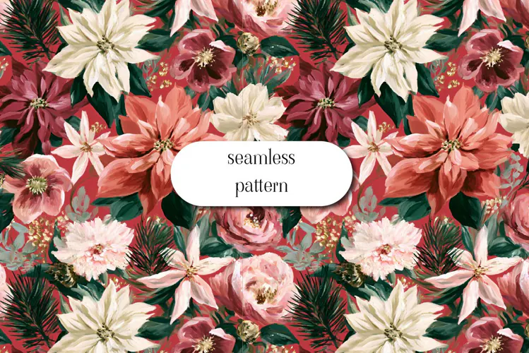 Romantic Christmas Poinsettia Floral Seamless Pattern