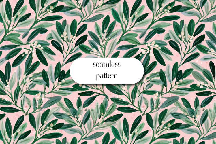 Hand Painted Mistletoe Seamless Pattern on Pink example image 1