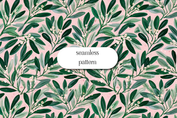 Hand Painted Mistletoe Seamless Pattern on Pink