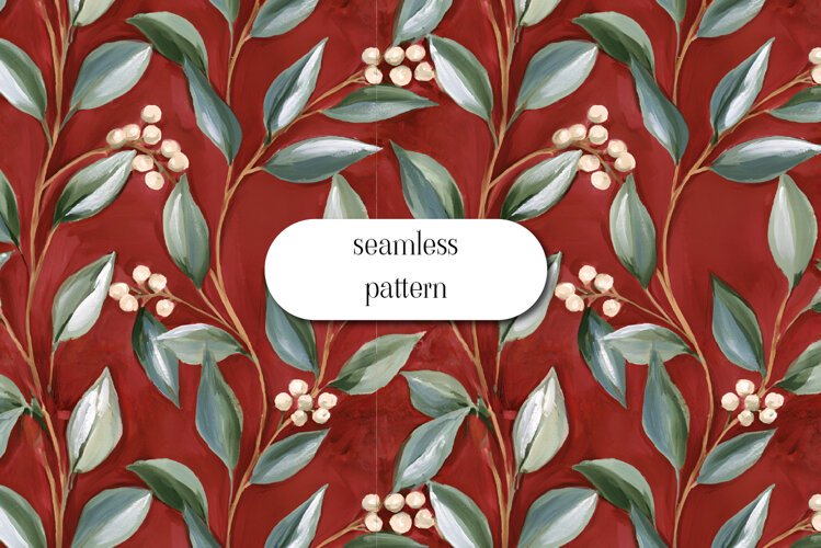 Christmas Mistletoe Seamless Pattern on Deep Red example image 1